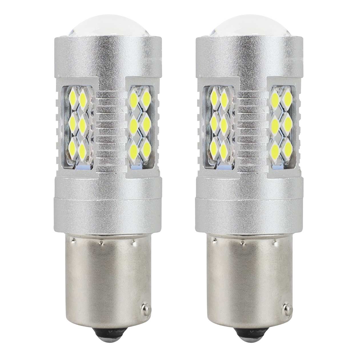 Комплект от 2 броя LED Диодни Крушки за Mигач Стоп Габарит Халоген CANBUS 3030 24SMD 1156 BA15S P21W 12V-24V Бяла Светлина в Блистер Amio