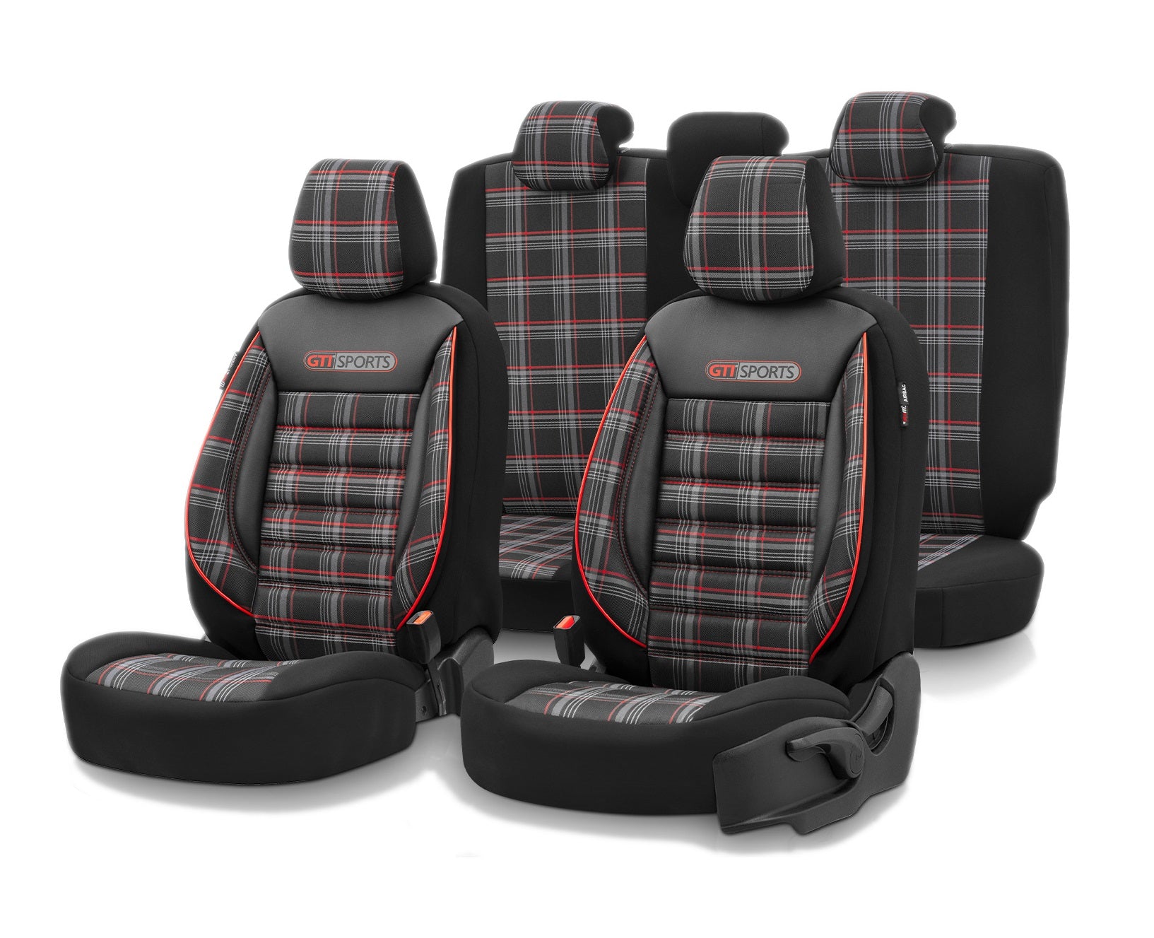 Комплект Луксозна Тапицерия OTOM текстил с еко кожа GTI SPORTS Design – Черна с червен шев, за Предни и Задни Седалки