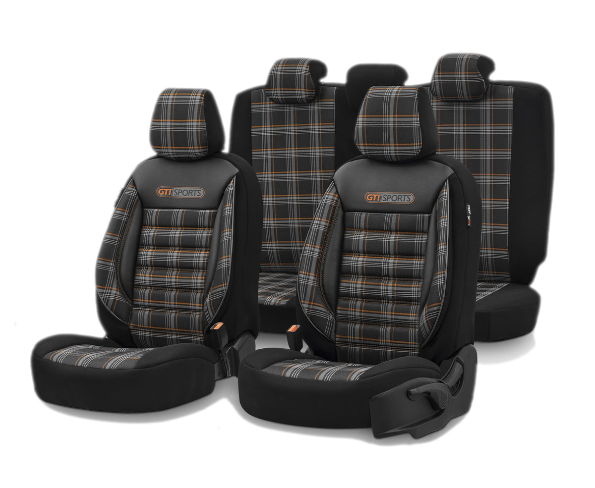 Комплект Луксозна Тапицерия OTOM текстил с еко кожа GTI SPORTS Design – Черна с оранжев шев, за Предни и Задни Седалки