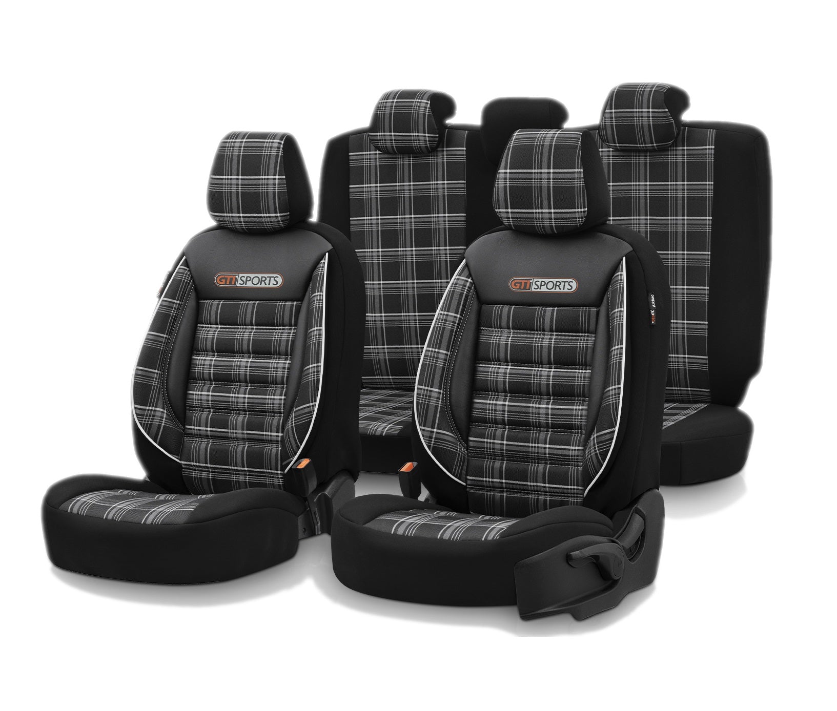 Комплект Луксозна Тапицерия OTOM текстил с еко кожа GTI SPORTS Design – Черна с бял шев, за Предни и Задни Седалки