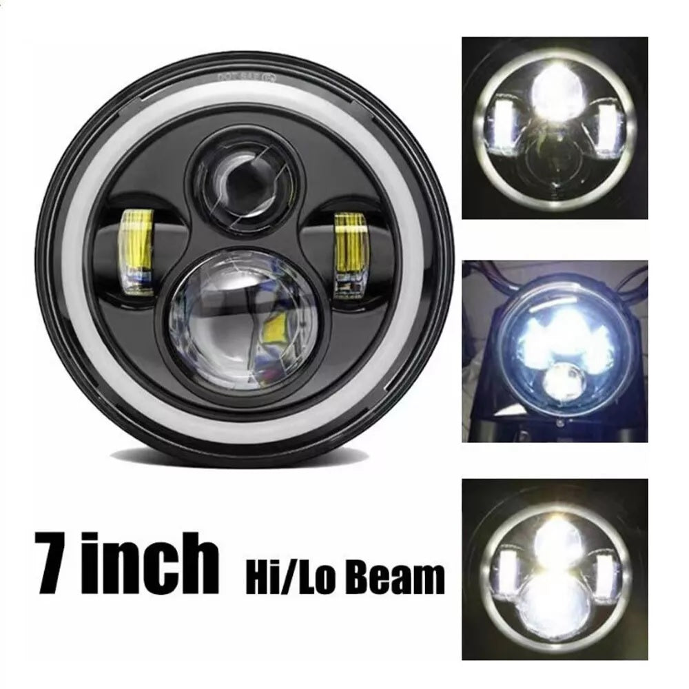 Универсален 7 инча 18см ЛЕД LED фар лампа халоген 12V-24V къси/дълги с DRL дневни светлини мигач бяло-жълто 6500lm за АТВ джип мотоциклет камион трактор и др.