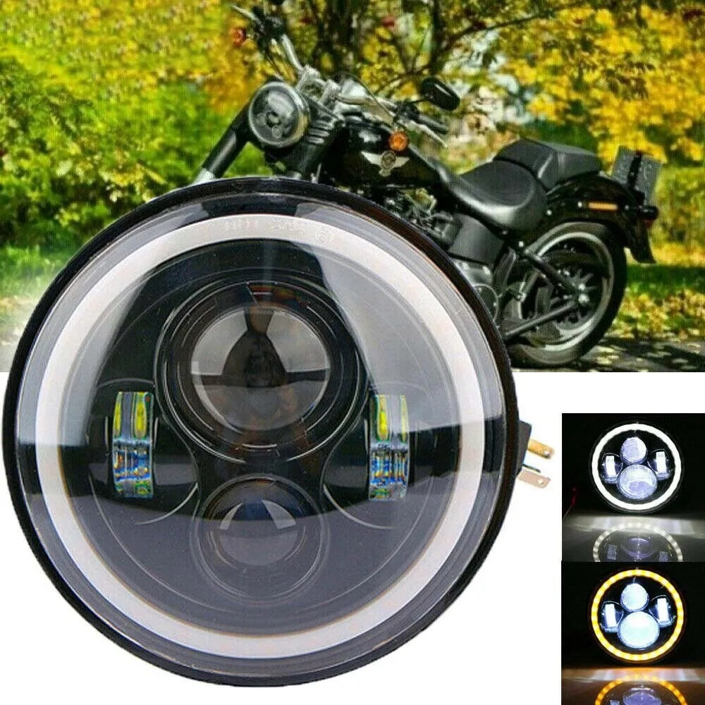 Универсален 7 инча 18см ЛЕД LED фар лампа халоген 12V-24V къси/дълги с DRL дневни светлини мигач бяло-жълто 6500lm за АТВ джип мотоциклет камион трактор и др.