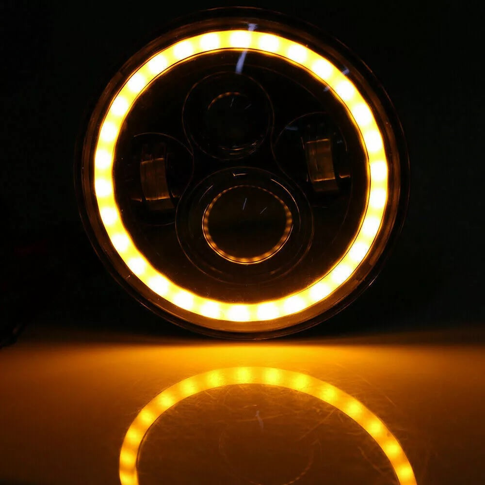 Комплект от 2бр. универсален 7 инча 18см ЛЕД LED фар лампа халоген 12V-24V къси/дълги с DRL дневни светлини мигач бяло-жълто 6500lm за АТВ джип мотоциклет камион трактор и др.