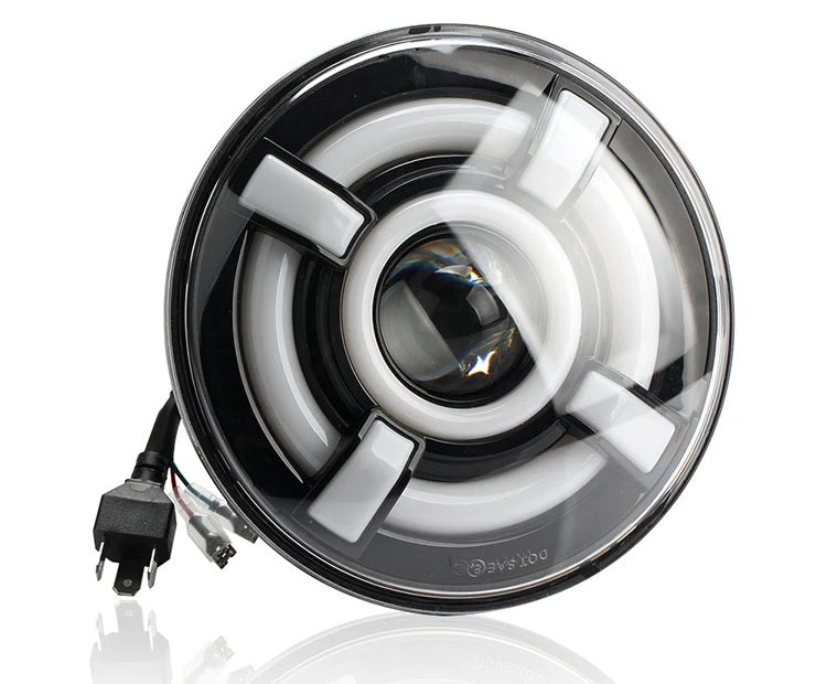 Комплект от 2бр. универсален 7 инча 18см ЛЕД LED фар лампа халоген 12V-24V къси/дълги с DRL дневни светлини мигач бяло-жълто 4800lm за АТВ джип мотоциклет камион трактор и др.