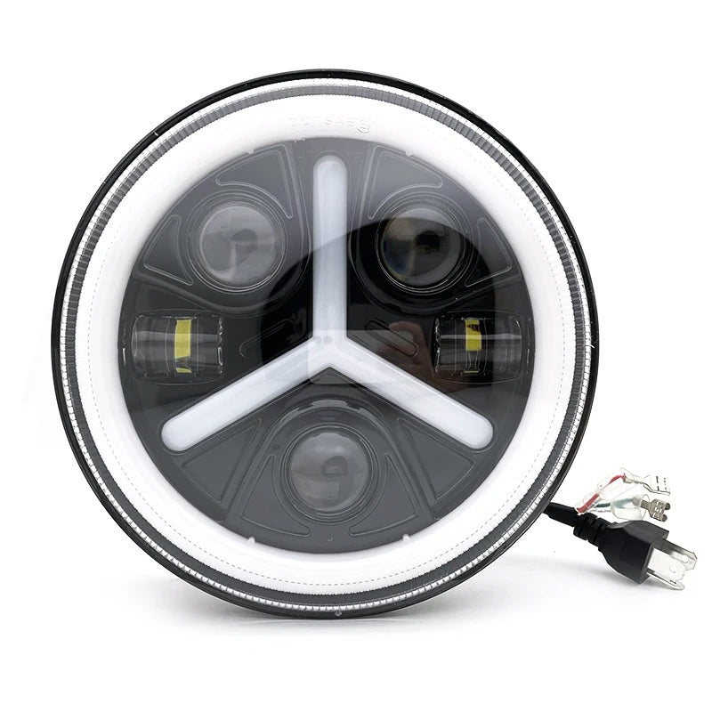 Комплект от 2бр. универсален 7 инча 18см ЛЕД LED фар лампа халоген 12V-24V къси/дълги с DRL дневни светлини мигач бяло-жълто 7000lm за АТВ джип мотоциклет камион трактор и др.