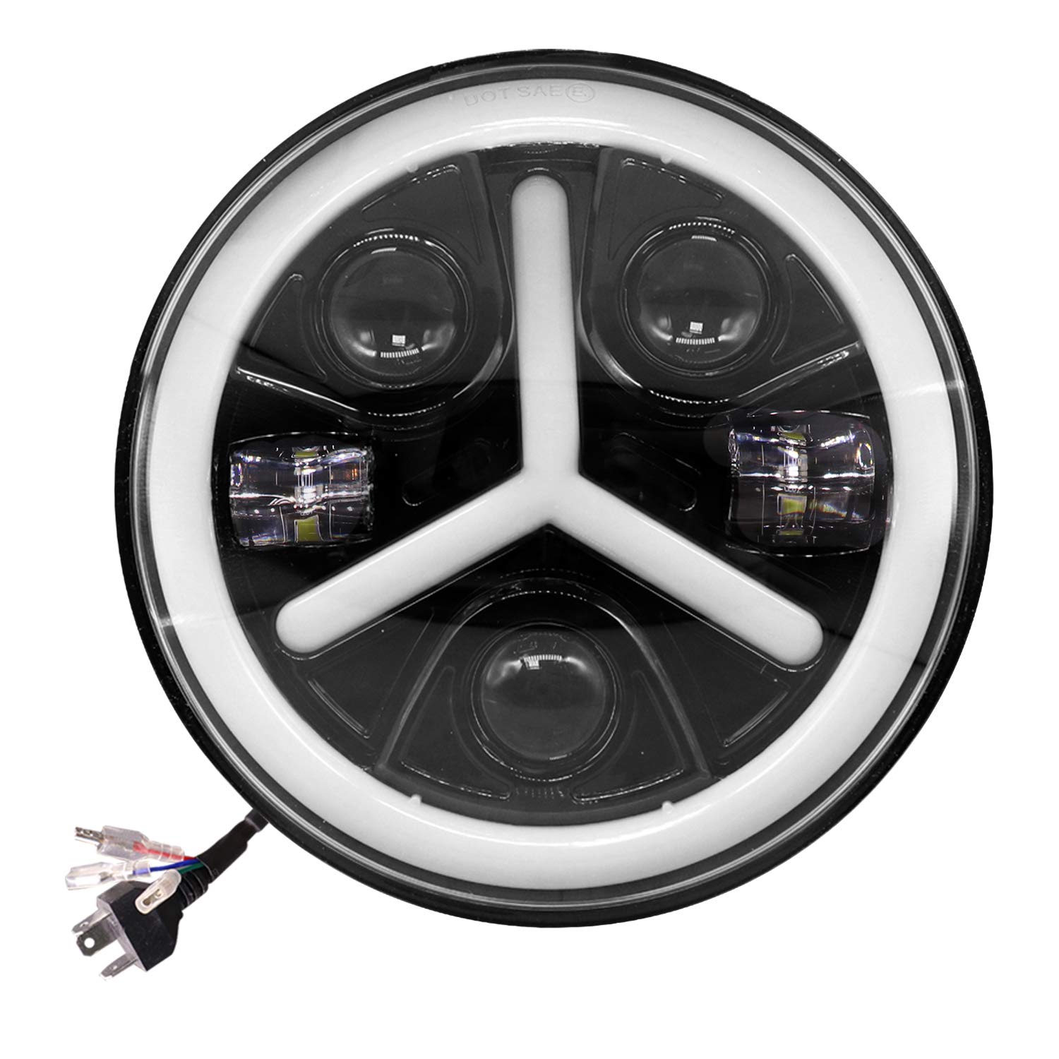 Комплект от 2бр. универсален 7 инча 18см ЛЕД LED фар лампа халоген 12V-24V къси/дълги с DRL дневни светлини мигач бяло-жълто 7000lm за АТВ джип мотоциклет камион трактор и др.