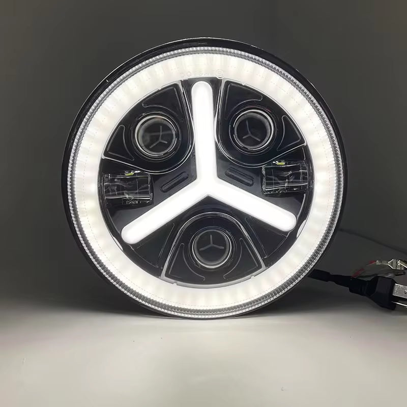 Комплект от 2бр. универсален 7 инча 18см ЛЕД LED фар лампа халоген 12V-24V къси/дълги с DRL дневни светлини мигач бяло-жълто 7000lm за АТВ джип мотоциклет камион трактор и др.