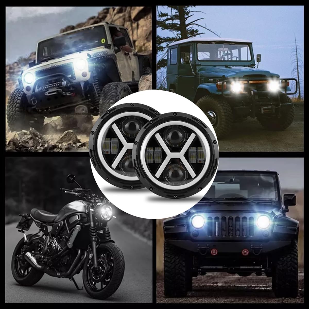 Универсален 7 инча 18см ЛЕД LED фар лампа халоген 12V-24V къси/дълги с DRL дневни светлини мигач бяло-жълто 4000lm за АТВ джип мотоциклет камион трактор и др.