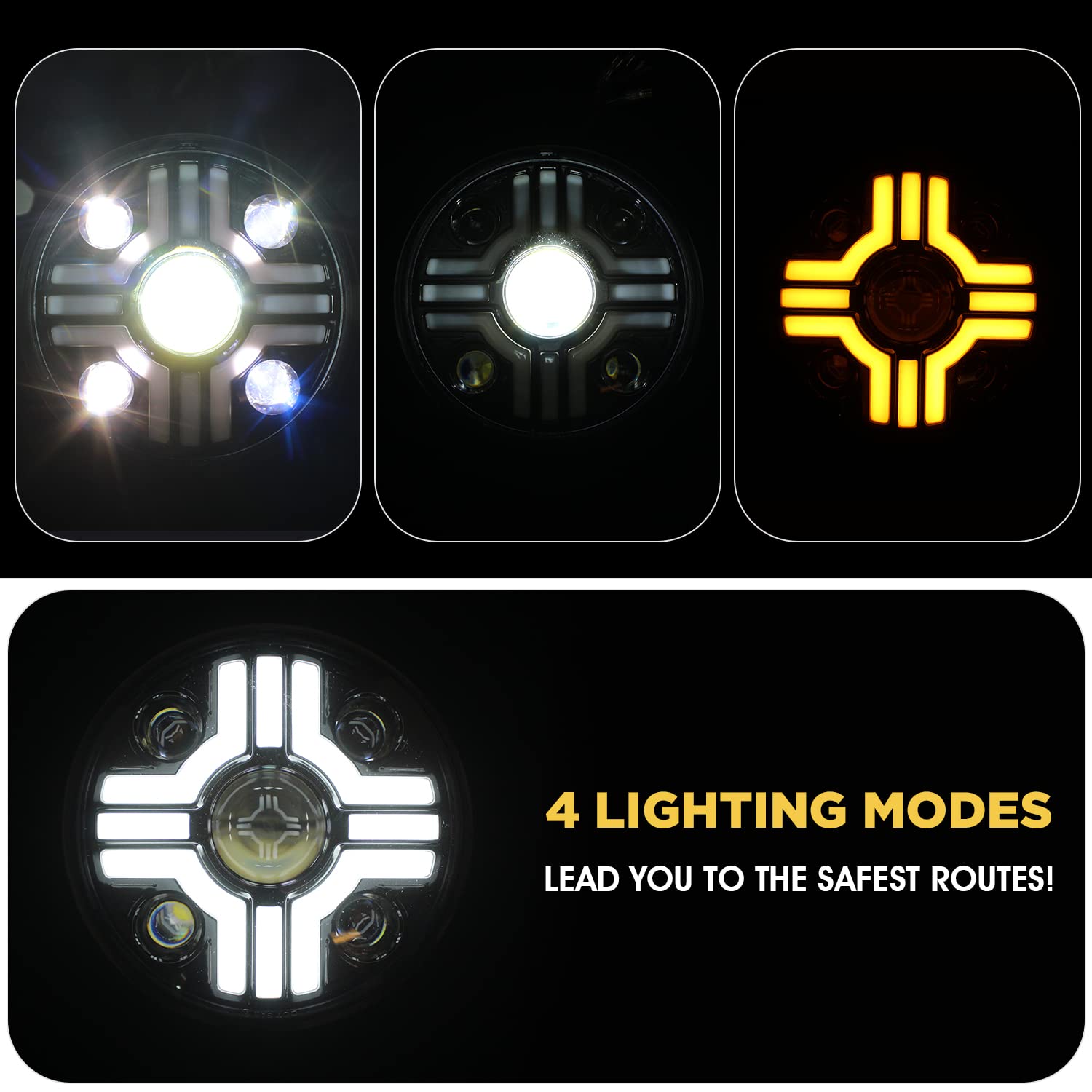 Комплект от 2бр. Универсален 7 инча 18см ЛЕД LED фар лампа халоген 12V-24V къси/дълги с DRL дневни светлини мигач бяло-жълто за АТВ джип мотоциклет камион трактор и др.