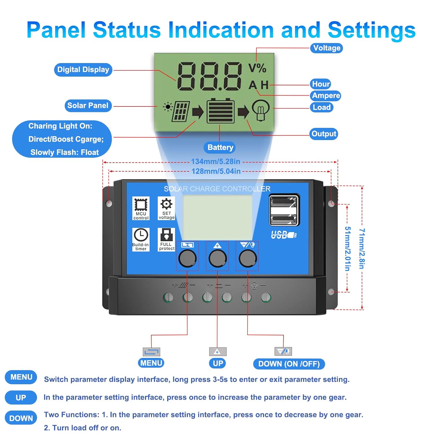 Соларен Заряден Контролер 20A PMW 12V 24V LCD Дисплей, Двойни USB Портове, Защитна Система