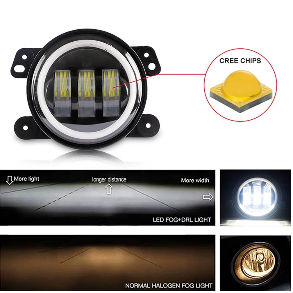 Комплект от 2 броя 4 инча 9.8cм ЛЕД LED фар лампа халоген 12V-24V с DRL дневни светлини мигач бяло-жълто за Jeep Dodge Chrysler Peugeot Ford CITROËN Opel Dacia Jaguar PORSCHE Suzuki Nissan RENAULT