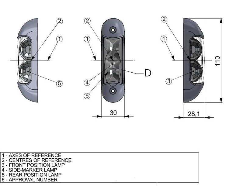 Опушен LED габарит, токос, 12V-24V, бяла, червена и оранжева светлина - за ремаркета, платформи, камиони и др.