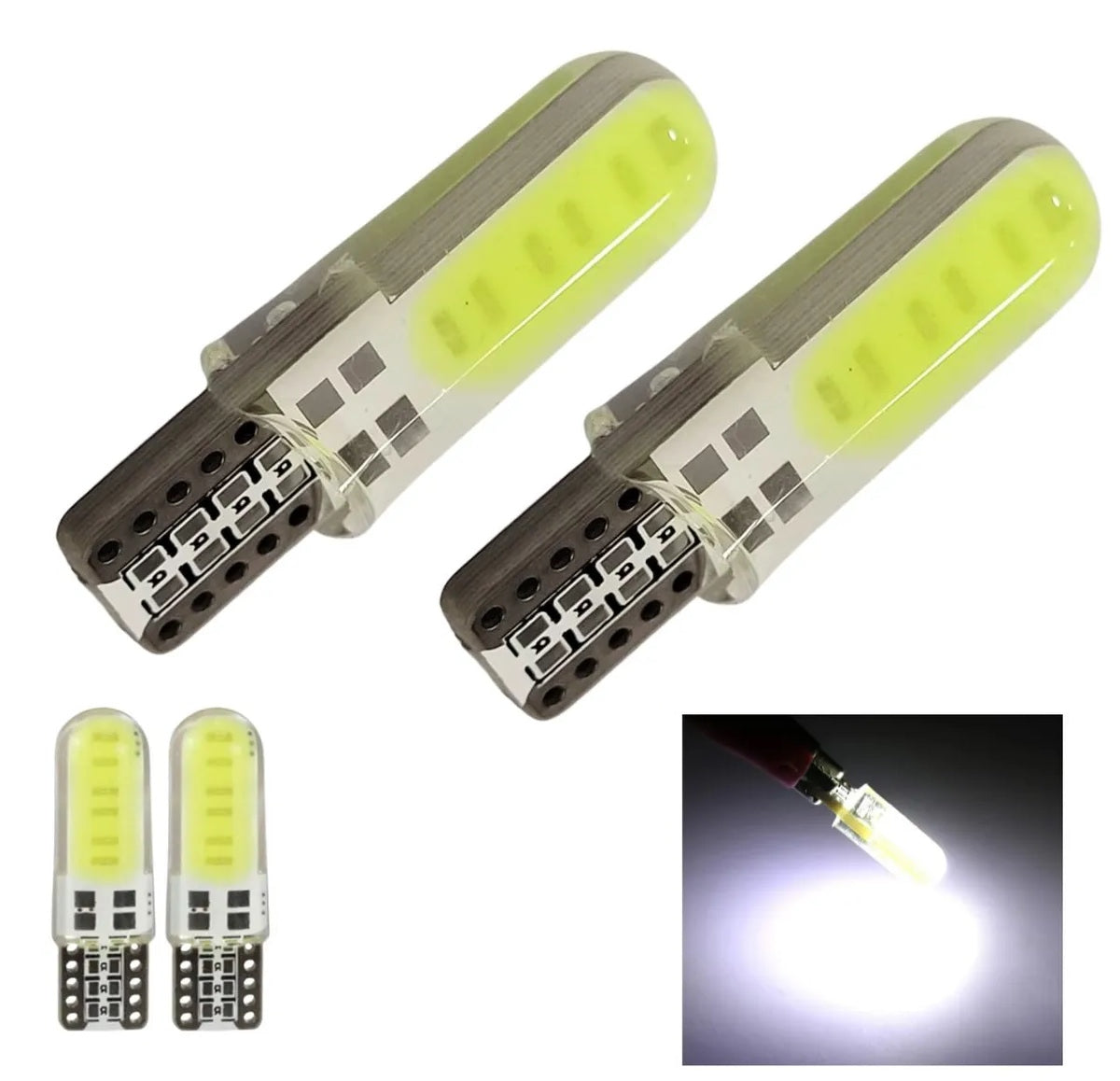 Комплект от 2 броя LED Лед Диодни Крушки за Габарит T10 W5W – COB LED, студено бяла светлина 6000K, 12V, CANBUS без грешки със силиконово покритие
