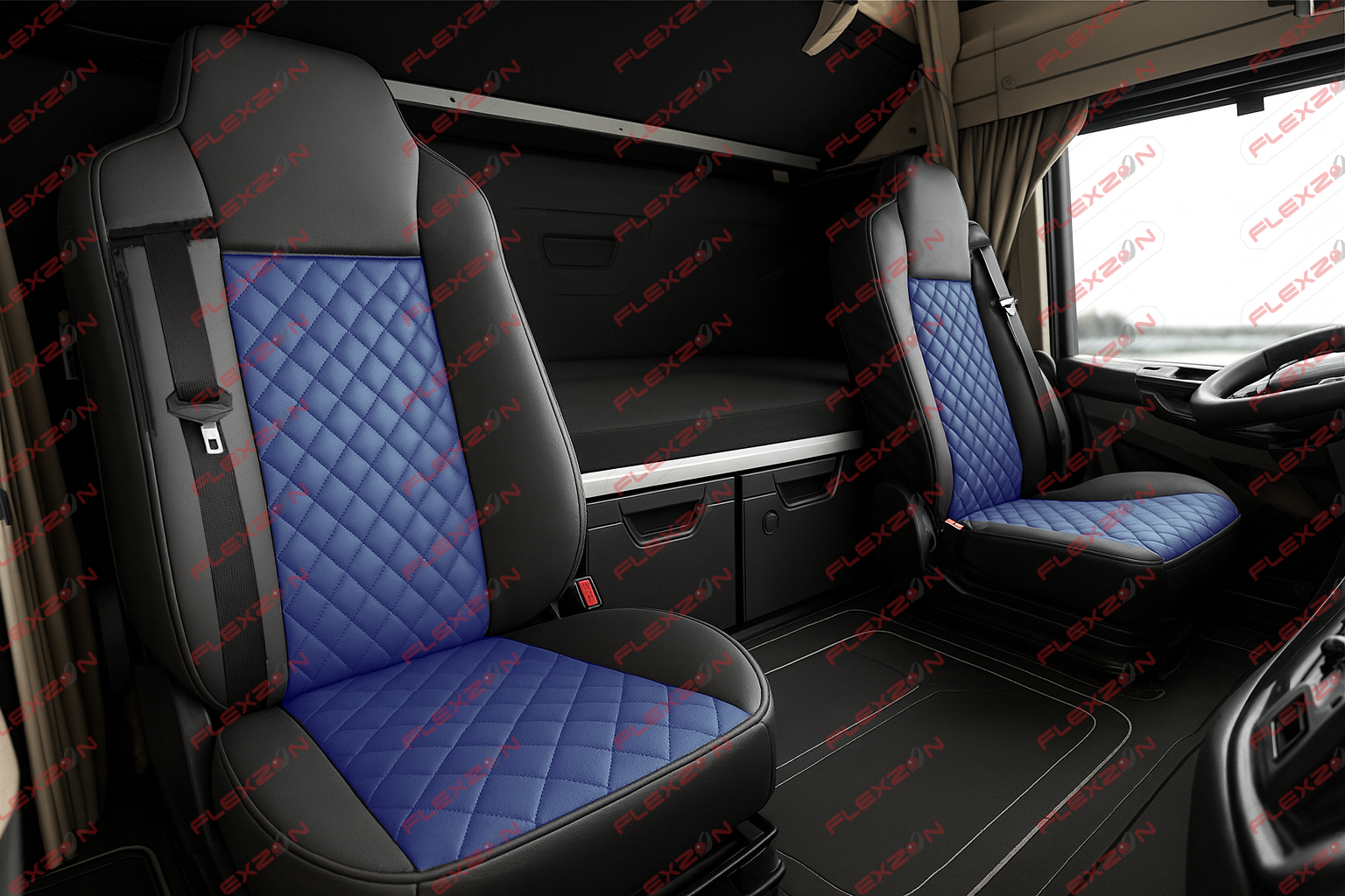 Комплект 1+1 тапицерия от еко кожа за MAN TGX 2015-2020 - синьо-черно