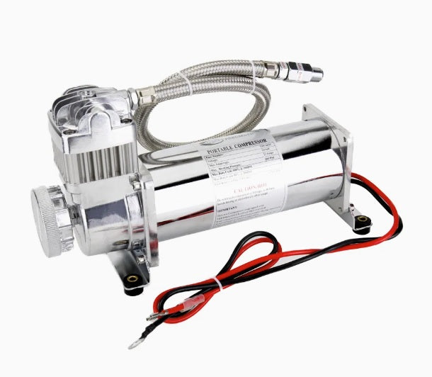 Преносим авто въздушен компресор 12V, 300 PSI, дебит 1.8 CFM, с метален маркуч - за пневматично окачване, офроуд, клаксони и въздушни системи