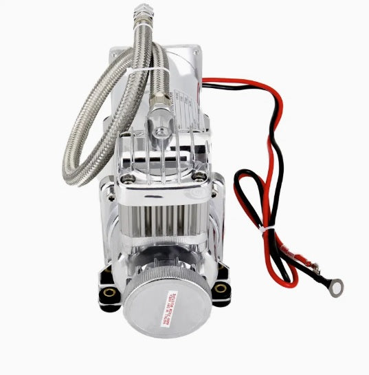 Преносим авто въздушен компресор 12V, 300 PSI, дебит 1.8 CFM, с метален маркуч - за пневматично окачване, офроуд, клаксони и въздушни системи
