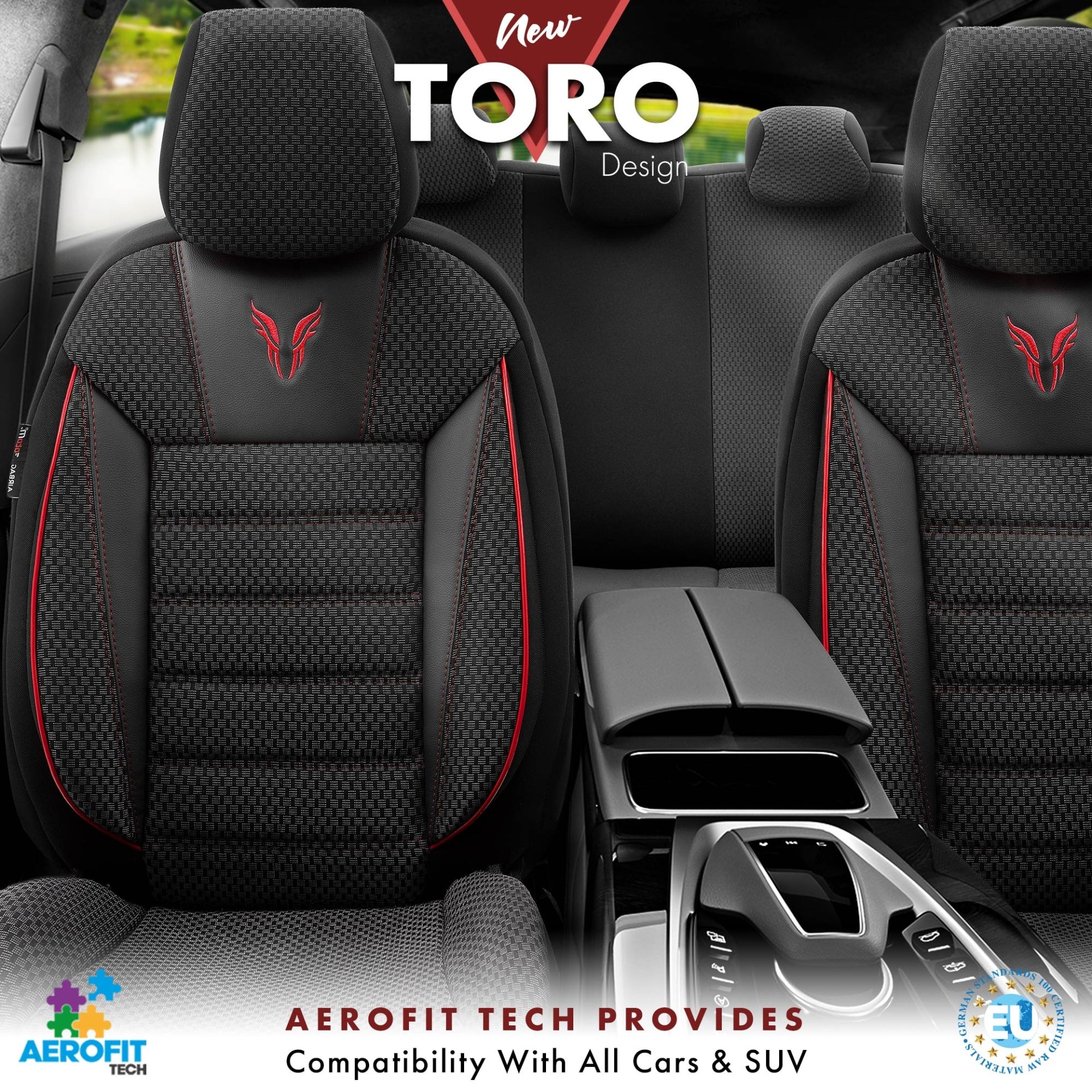 Комплект Луксозна Тапицерия OTOM текстил с еко кожа TORO Design – Черна с червен шев, за Предни и Задни Седалки