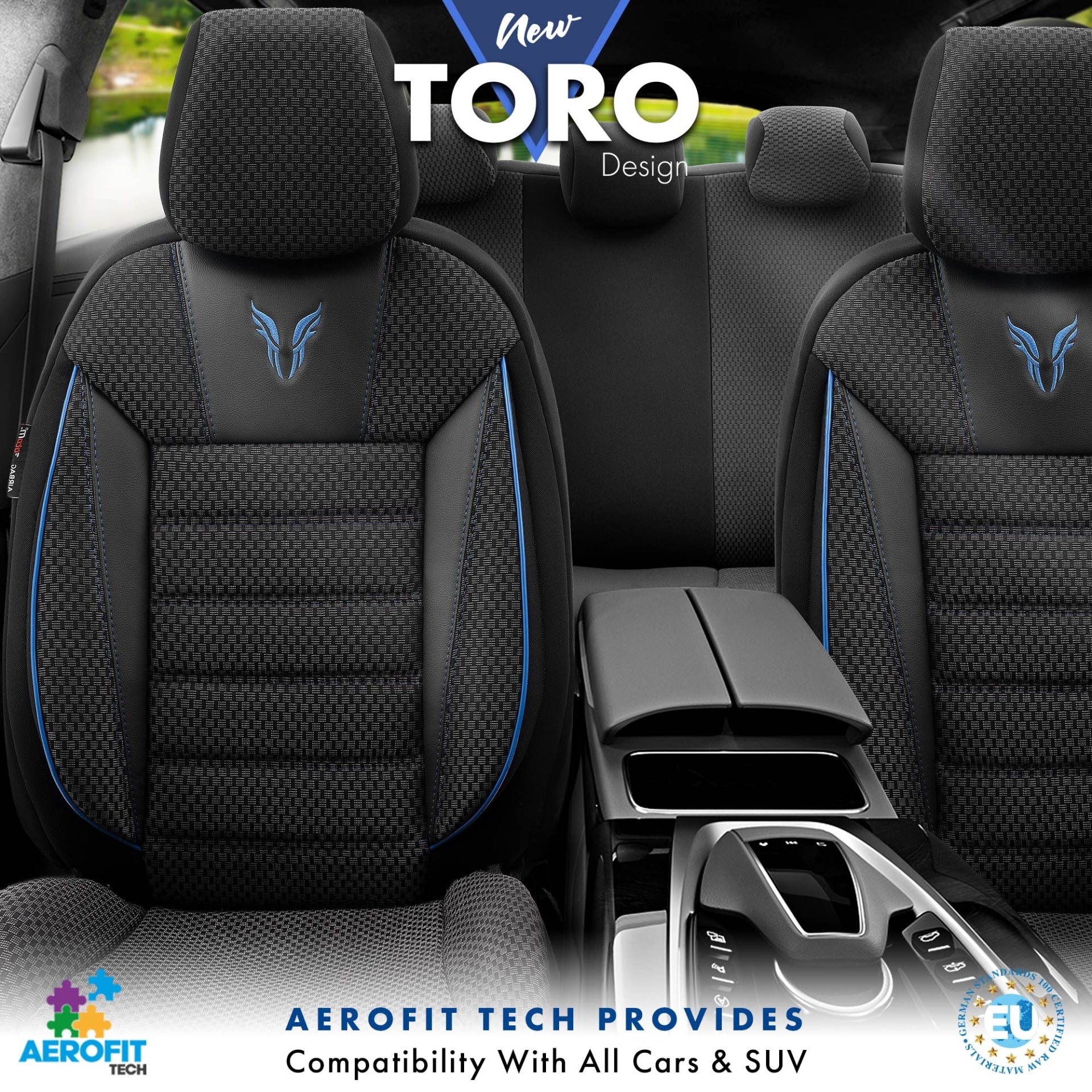Комплект Луксозна Тапицерия OTOM текстил с еко кожа TORO Design – Черна със син шев, за Предни и Задни Седалки