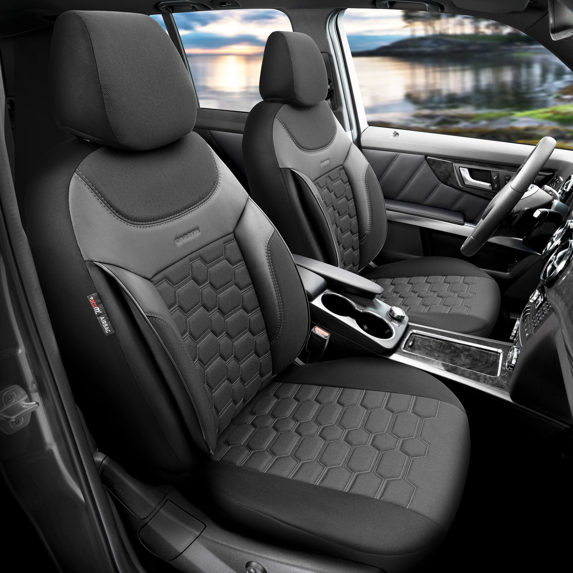 Комплект Луксозна Тапицерия OTOM текстил с еко кожа CARBON Design – Черна със сив шев, за Предни и Задни Седалки
