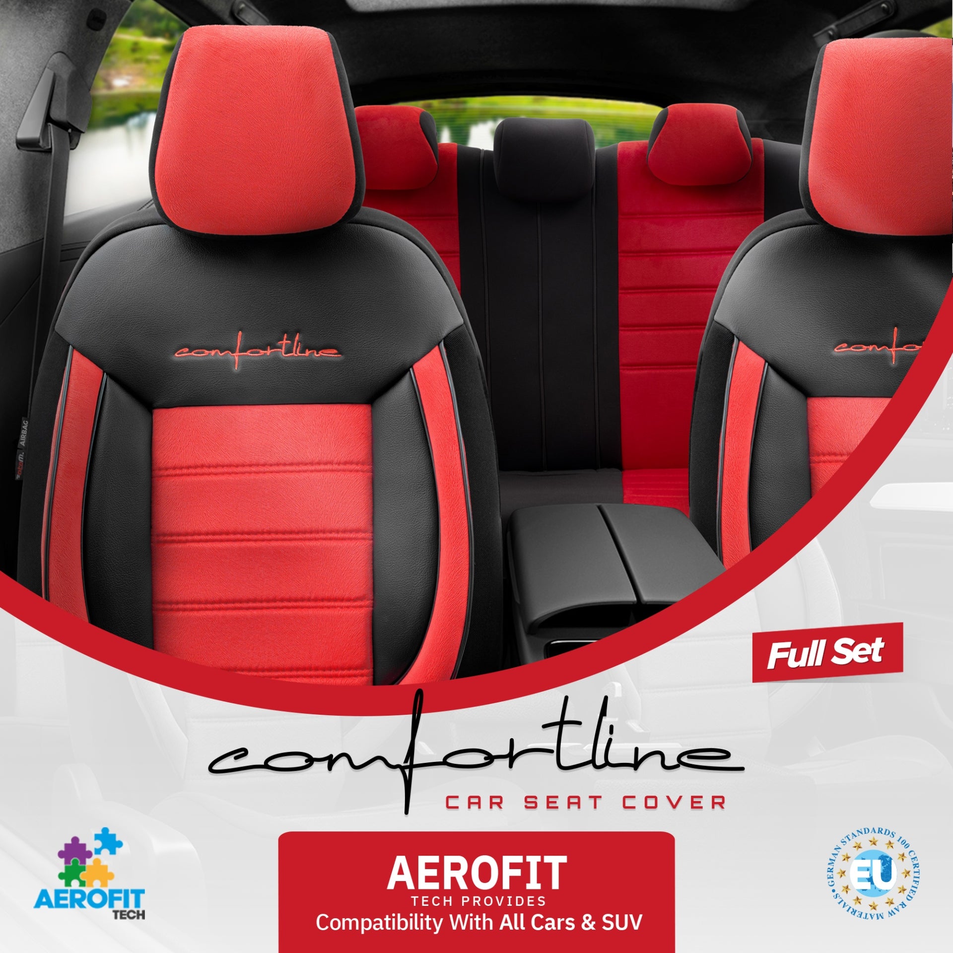Комплект Луксозна Тапицерия OTOM текстил с еко кожа COMFORT LINE Design – Червено-Черна с червен шев, за Предни и Задни Седалки