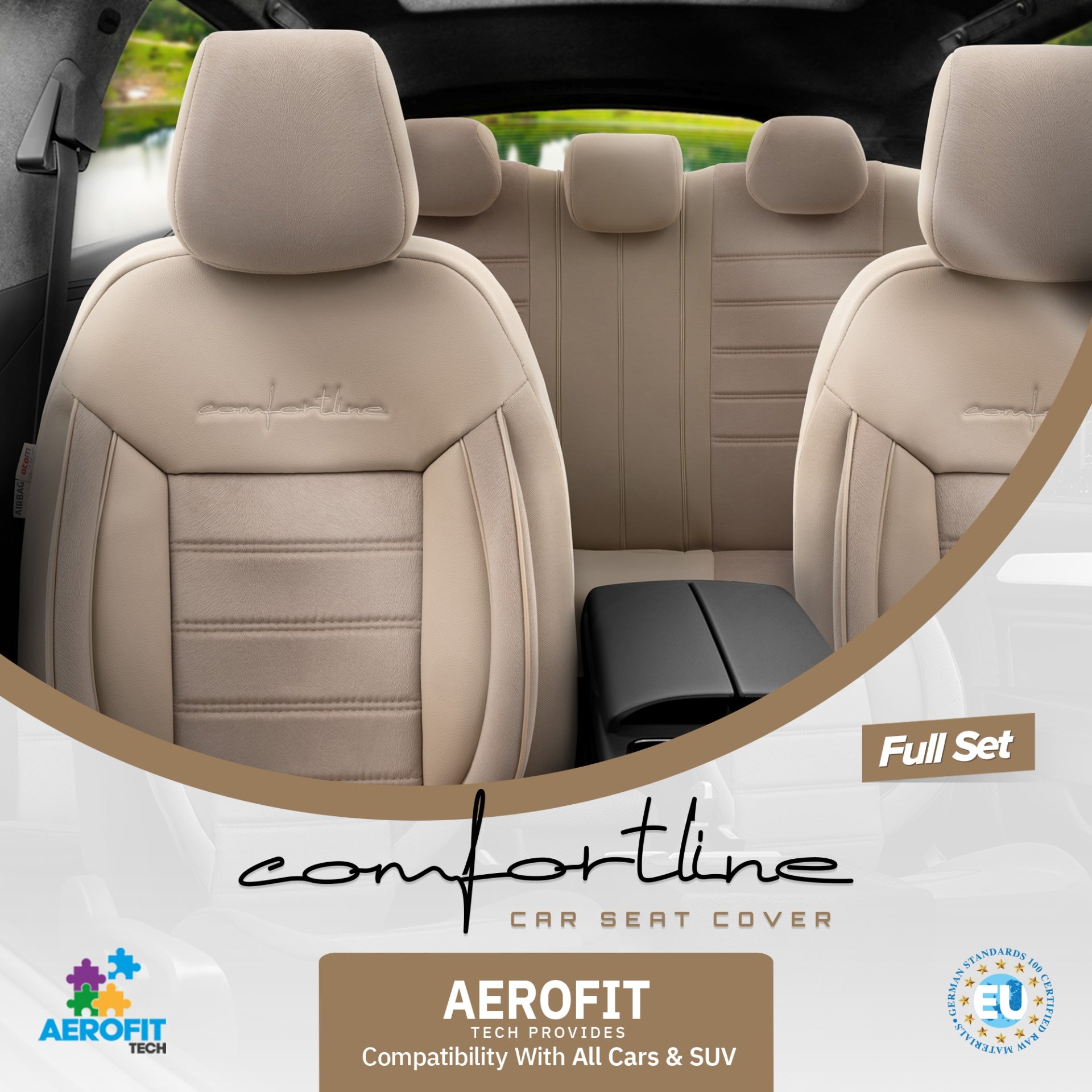 Комплект Луксозна Тапицерия OTOM текстил с еко кожа COMFORT LINE Design – Бежова с бежов шев, за Предни и Задни Седалки