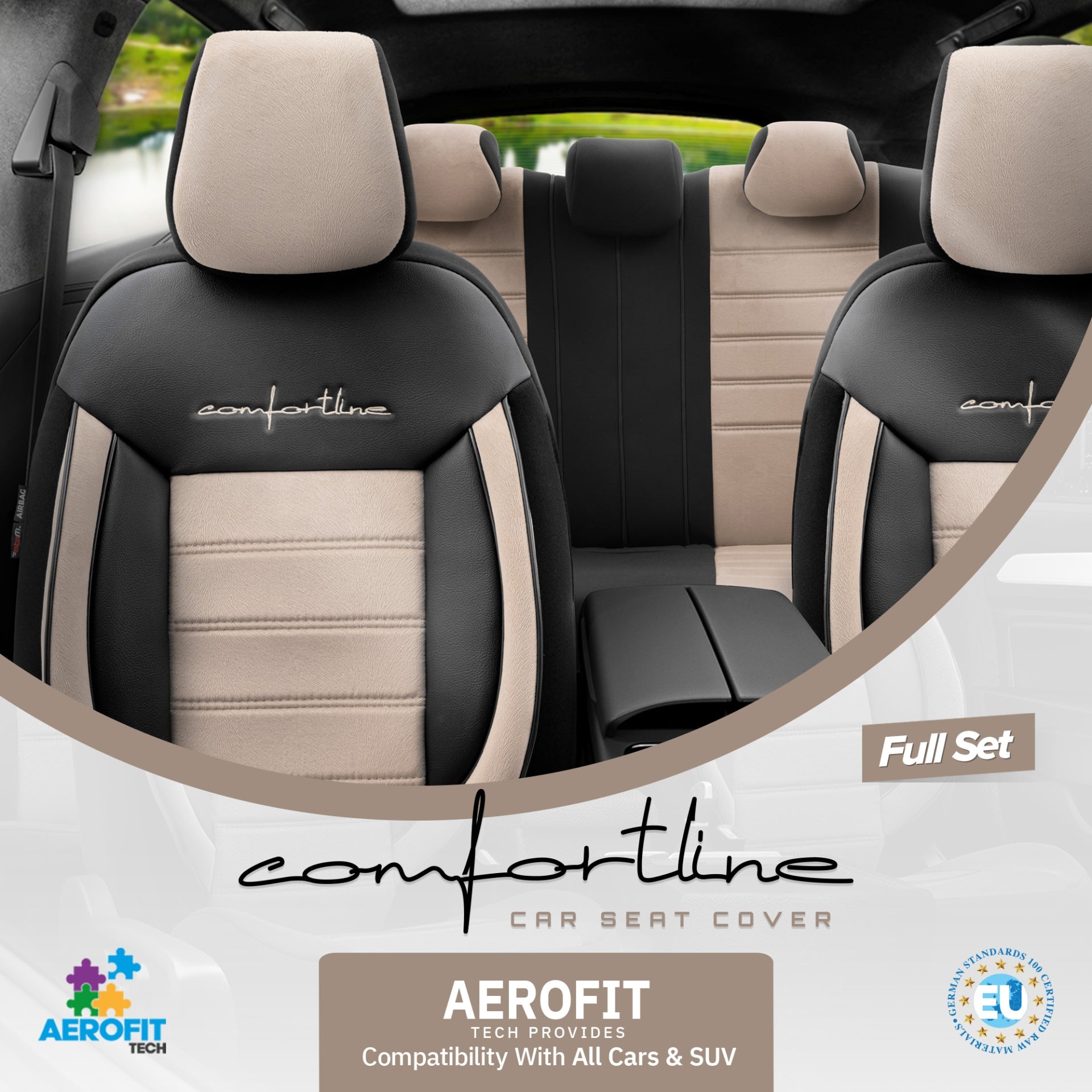 Комплект Луксозна Тапицерия OTOM текстил с еко кожа COMFORT LINE Design – Бежово-Черна с бежов шев, за Предни и Задни Седалки