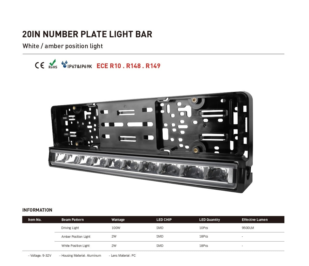 Рамка за Номер с Вграден LED Бар 20 51cm 12v 24v Бяла и Оранжева Дневна DRL Габаритна Светлина