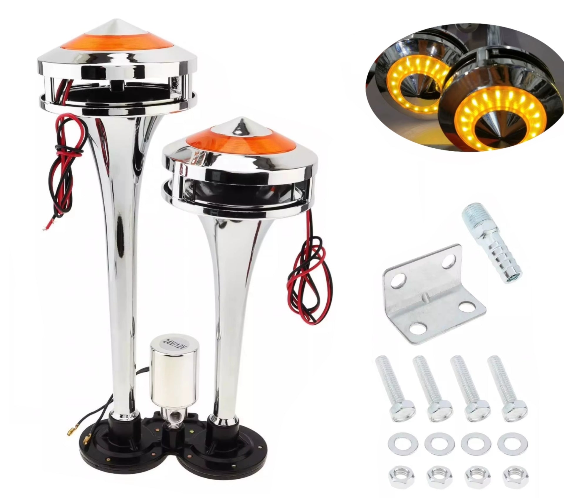 Двойна Тромба клаксон с жълта LED светлина, 300 dB – 12V / 24V