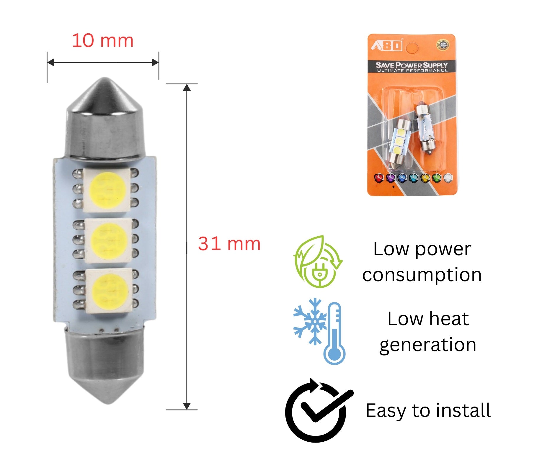 Комплект 2 бр. LED крушки C5W 31 mm, 3x SMD 5050, 6000–6500K бяла светлина – блистер