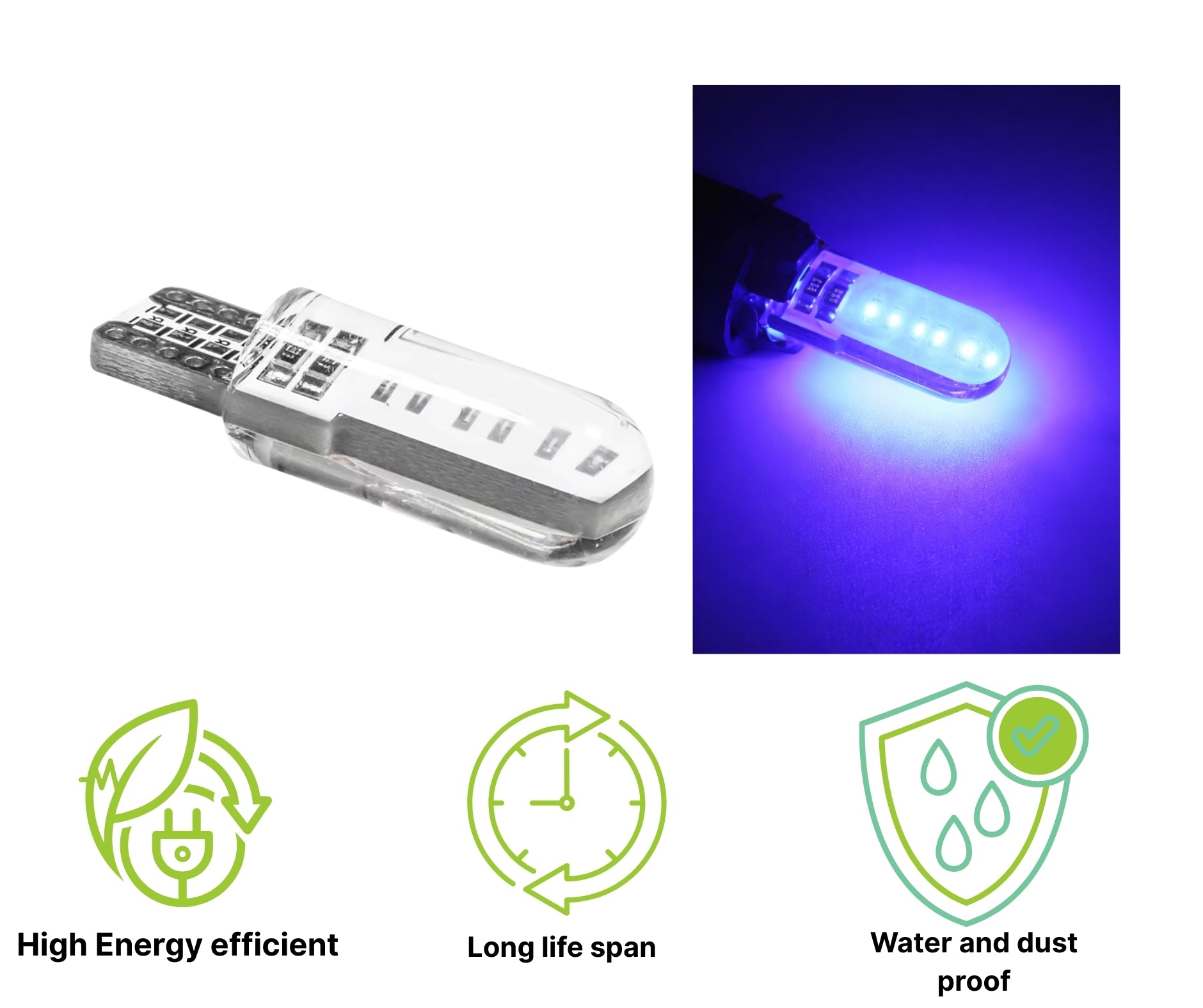 Комплект 2 бр. LED крушки T10 W5W, синя светлина, CANBUS, Silica LED, 12V - блистер