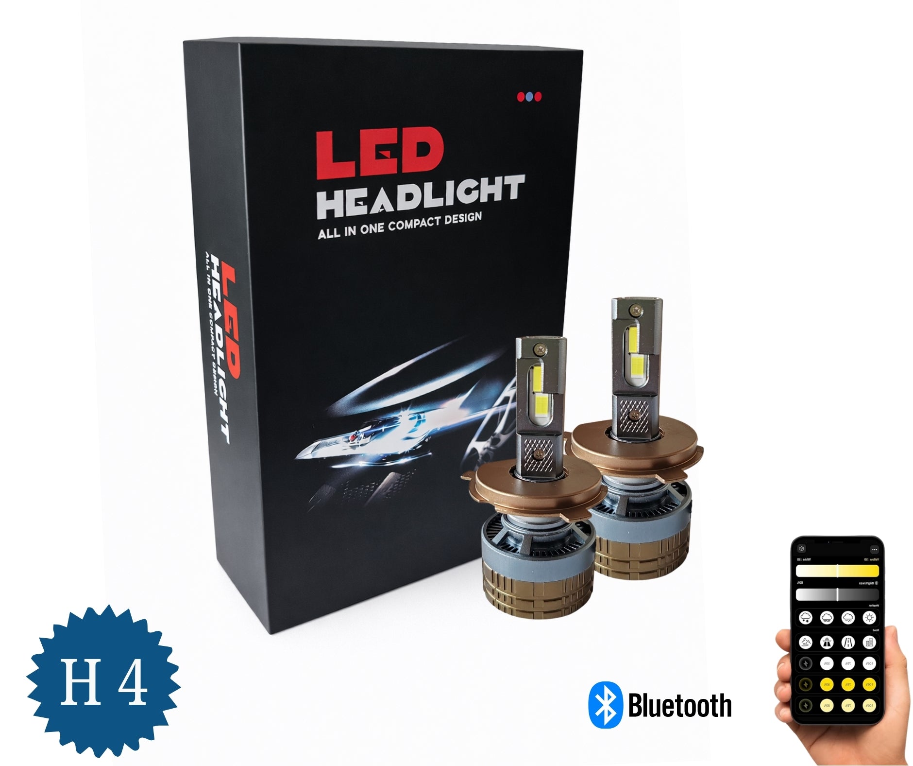 Комплект Smart LED крушки H4 – къси / дълги светлини, Два цвята, CSP Dual Color 3500K – 6500K, Bluetooth приложение, CANBUS, 70W, 12–24V
