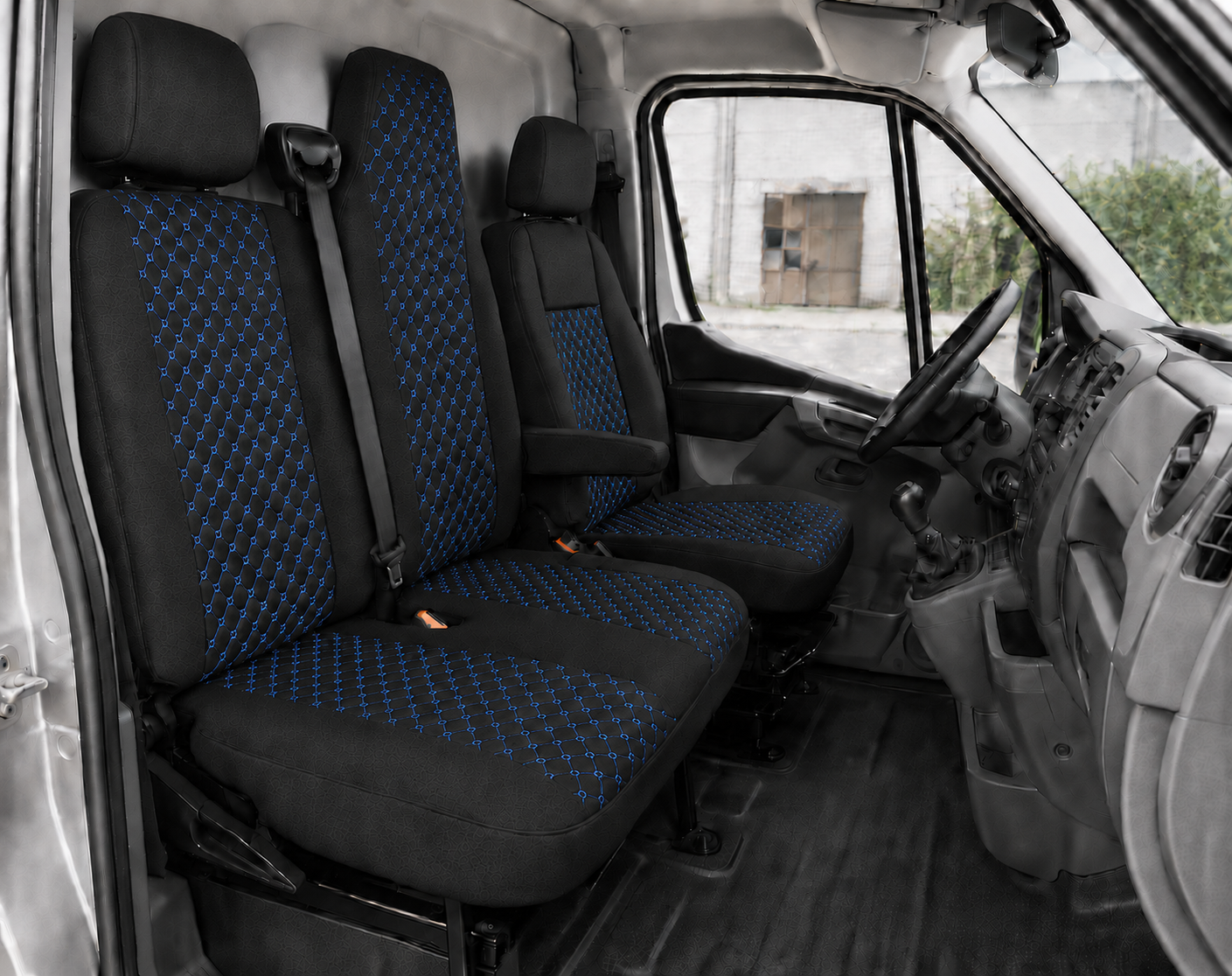 Комплект 2+1 Тапицерия за RENAULT MASTER III 2010-2019 – Текстил, Черна със син шев, 6 части