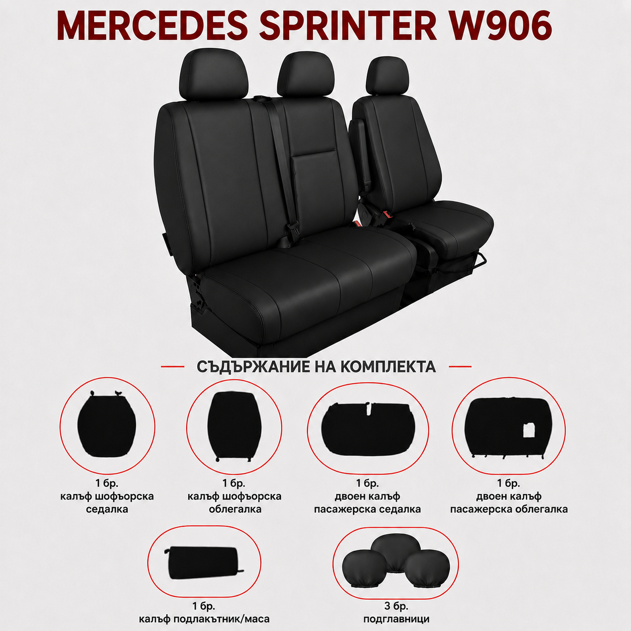 Комплект 2+1 Тапицерия за MERCEDES SPRINTER W906 2006-2018 – Еко кожа, Черна, 8 части
