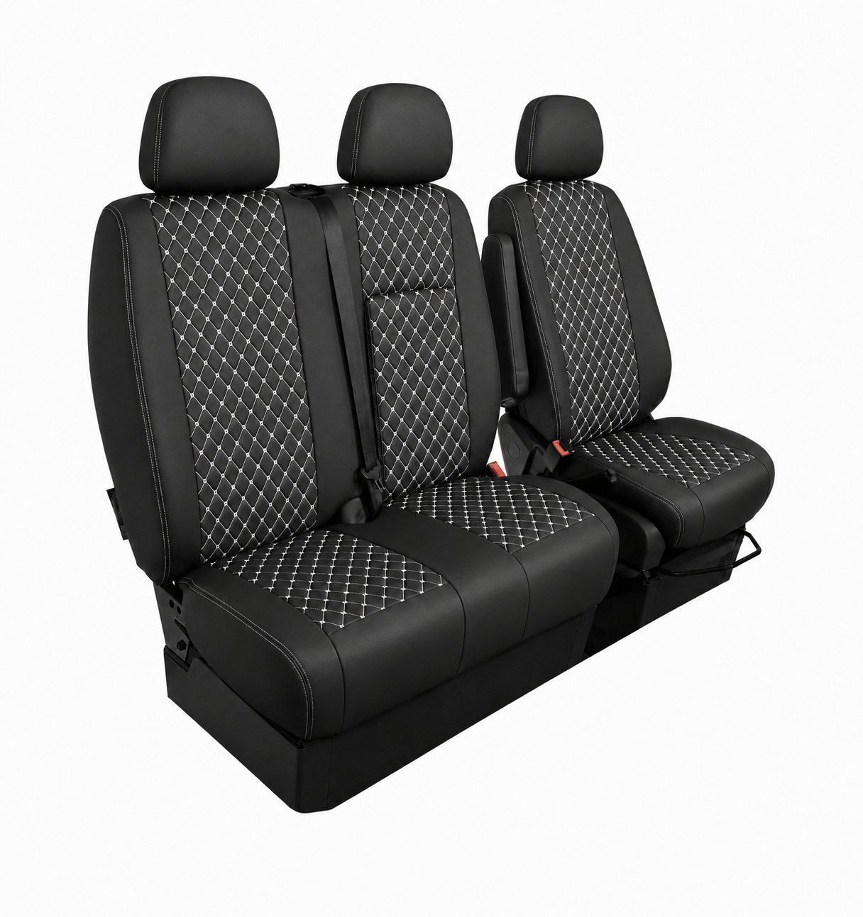 Комплект 2+1 Тапицерия за MERCEDES SPRINTER W906 2006-2018 – Еко кожа, Черна с бял шев, 8 части