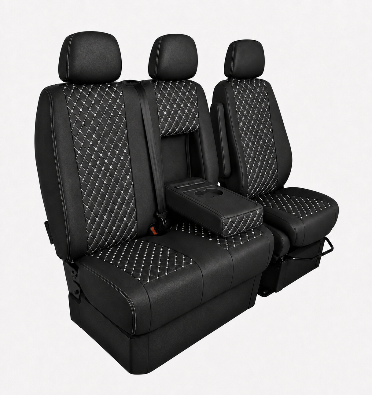 Комплект 2+1 Тапицерия за MERCEDES SPRINTER W906 2006-2018 – Еко кожа, Черна с бял шев, 8 части