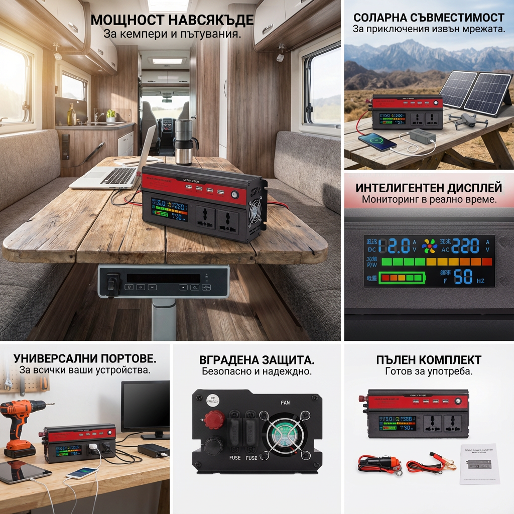 Инвертор 12V → 220V с цифров дисплей – до 1200W реална мощност (5000W пиковa) + 4 USB | Идеален за кола, кемпер и ток навсякъде
