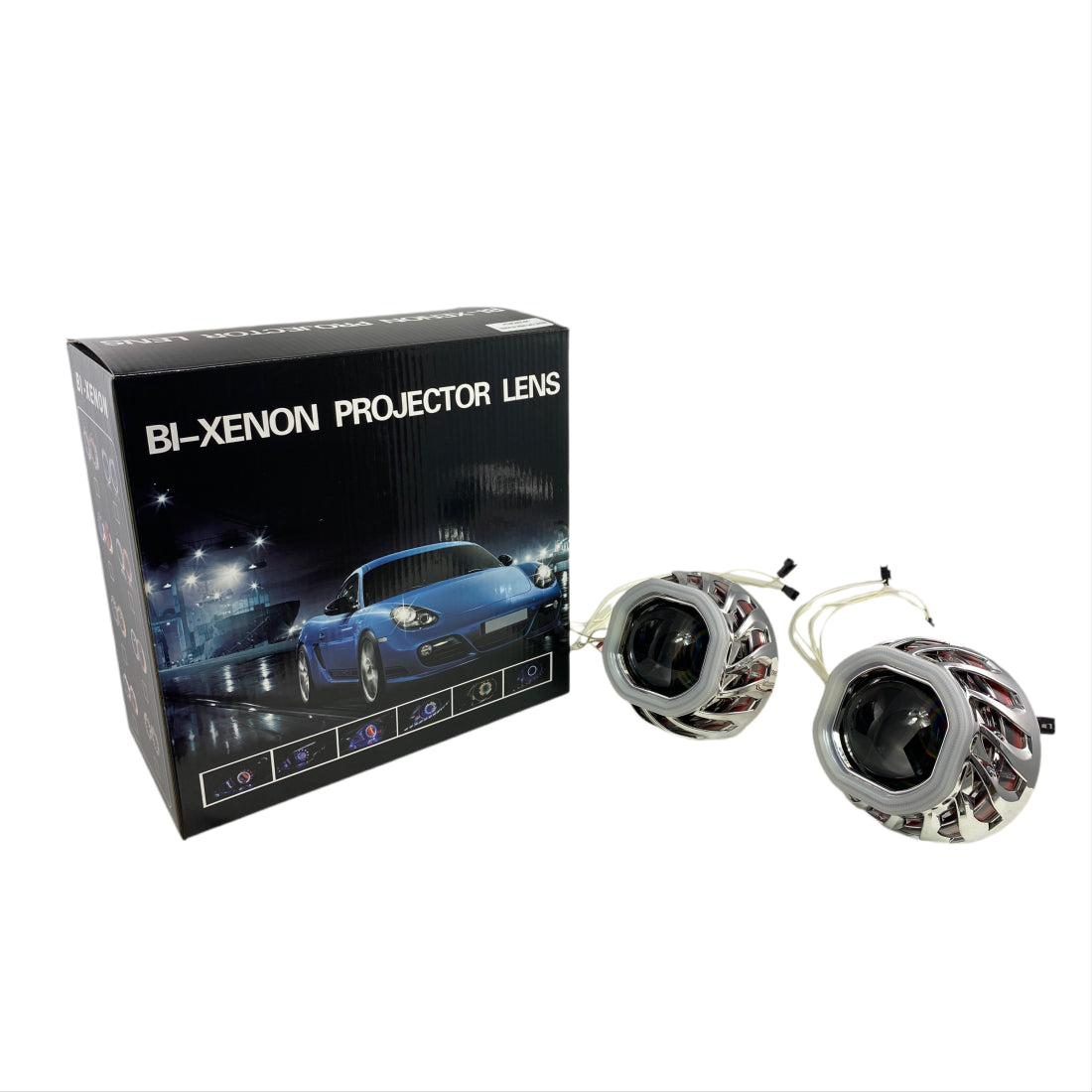 Биксенон лупи за вграждане MORIMOTO MINI SPIRAL 2.5" - с бял квадратен вътрешен ринг и червен външен ринг