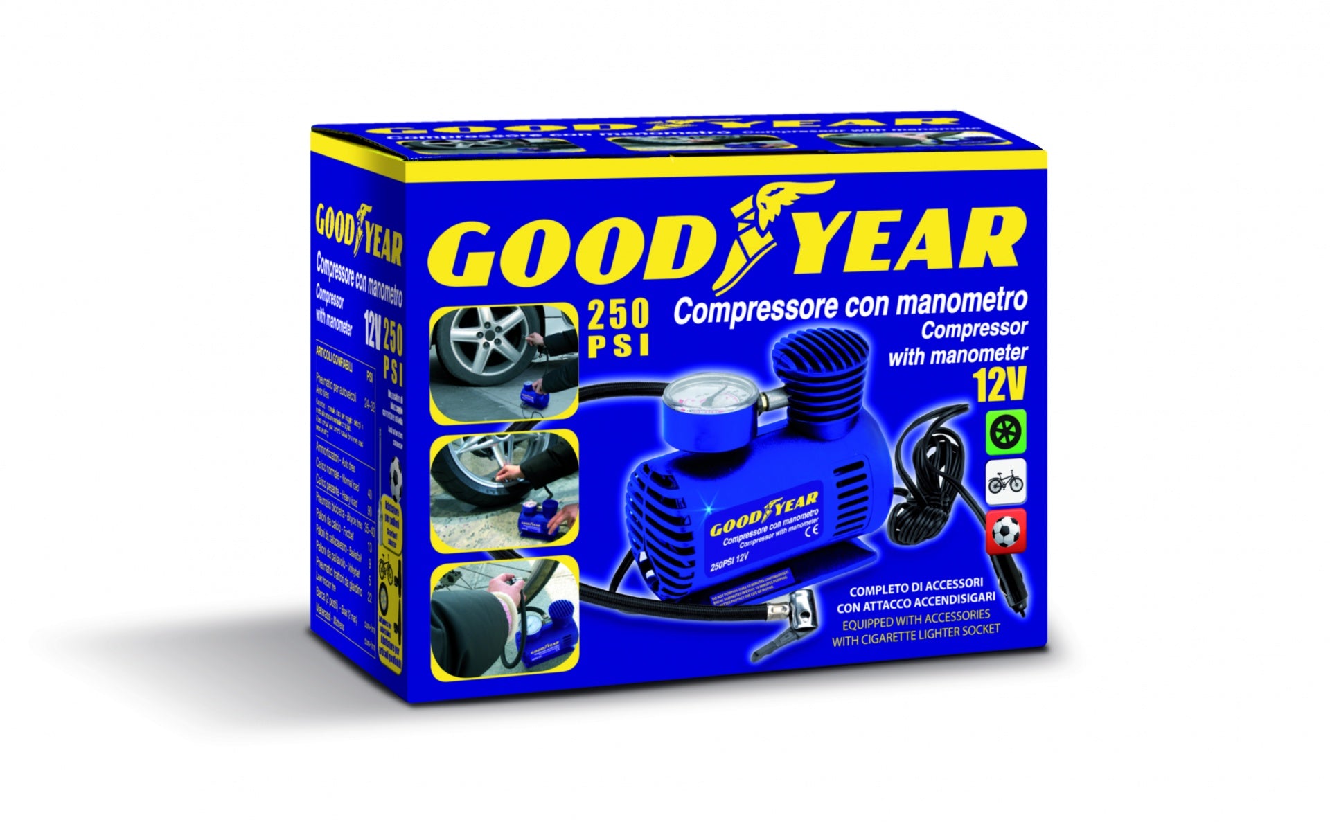 Преносим компресор за помпане на гуми с манометър + 3 накрайника STRONG 12 ATM 250PSI Goodyear Гудиър