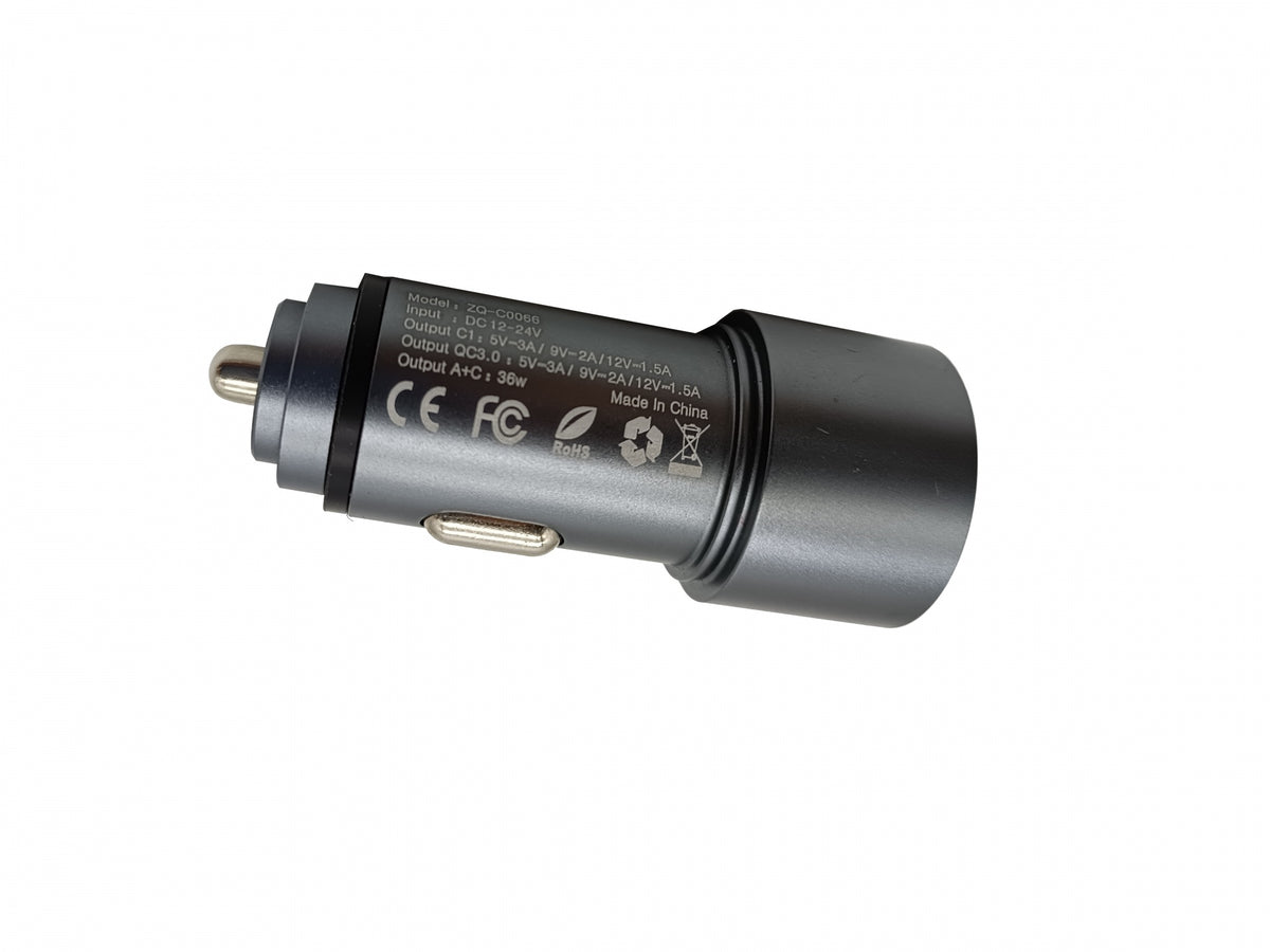 Универсално USB Зарядно За Автомобил, 2x18W, 3 A, Метален Корпус, 12V - 24V, Сребрист Цвят, Подсветка Синя LED Светлина, USB + Type C, Бързо Зареждане