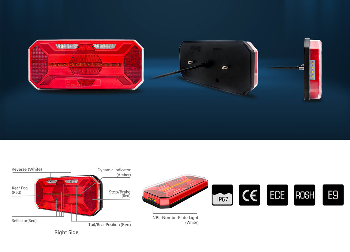 Комплект Ляв + Десен Мултифункционални Диодни LED Лед Стопове с Бягащ Мигач Неон Neon Ефект 12V 24V 305mm X 131mm X 60mm E9 За Бус Камион Тир Ремарке Караванa