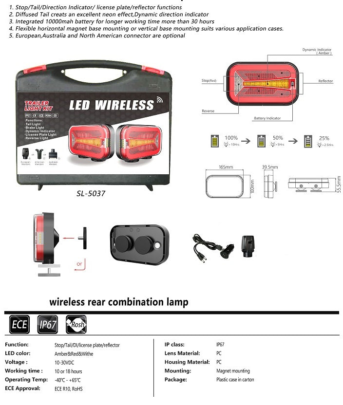 Комплект Безжични Преносими Диодни Лед Led Стопове Wireless с Магнит Неон Neon Ефект 12-24V 165mm х 100mm x 39.5 mm за Ремарке Каравана Платформа и др.