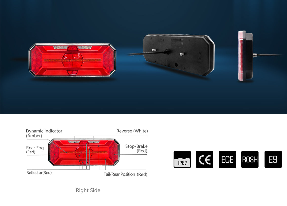 Комплект Ляв + Десен Мултифункционални Диодни LED Лед Стопове с Бягащ Мигач Неон Neon Ефект 12V 24V 350mm X 131 mm X 60mm E9 За Бус Камион Тир Ремарке Караванa