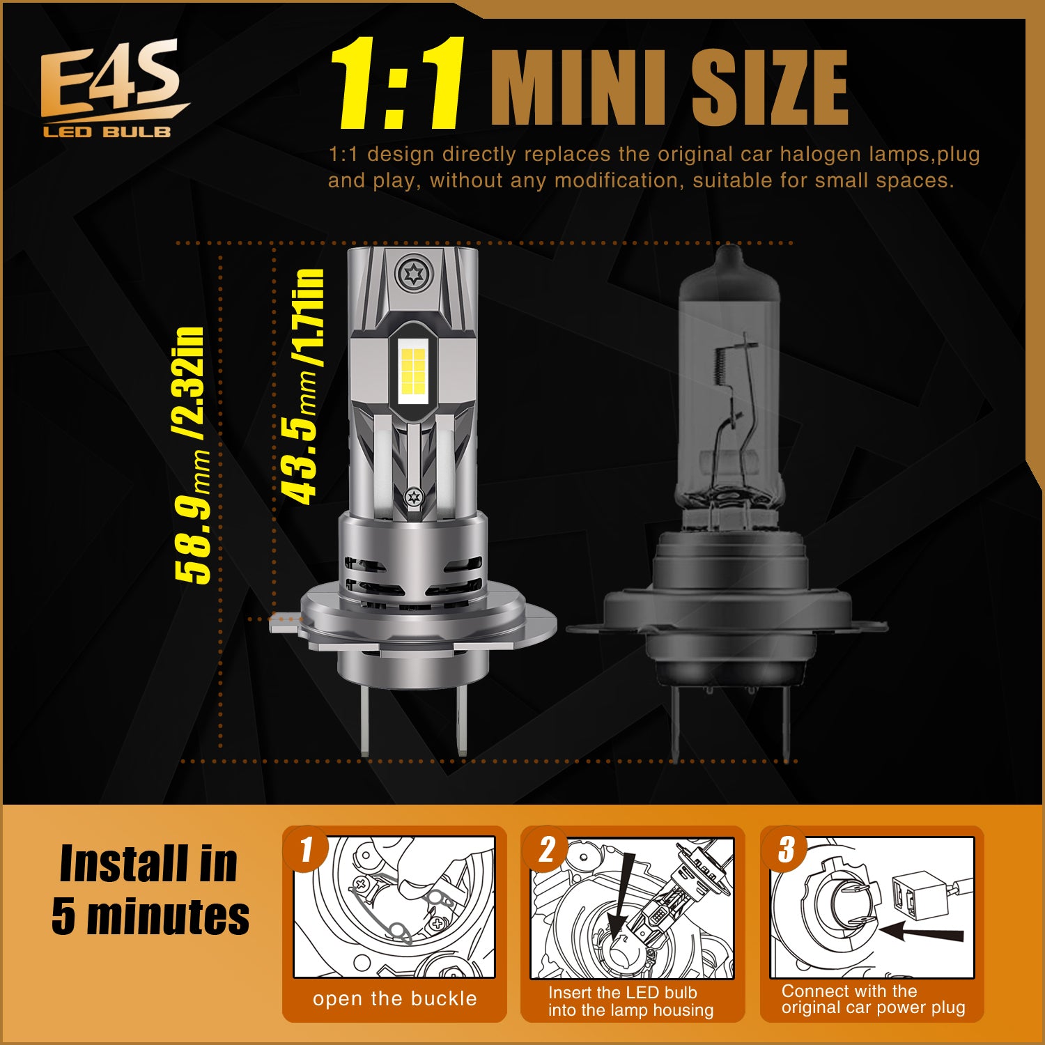 Комплект от 2 броя Умалени Мини Лед Led Диодни Крушки E4S H7 H18 Х7 Х18 12V 50W 15000lm за Автомобил Мотоциклет Трактор Камион Бус и др.