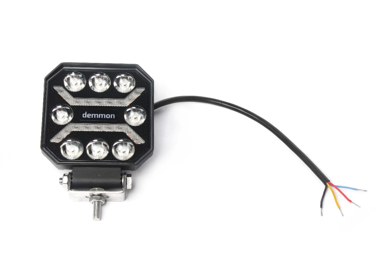 Универсална мощна LED ЛЕД диодна лампа халоген с 3 светлини бяла - жълта - червена 27W 12V - 24V за камион трактор ролбар АТВ джип земеделски и селскостопански машини и др. 110 x 110 x 37 mm E-mark E9