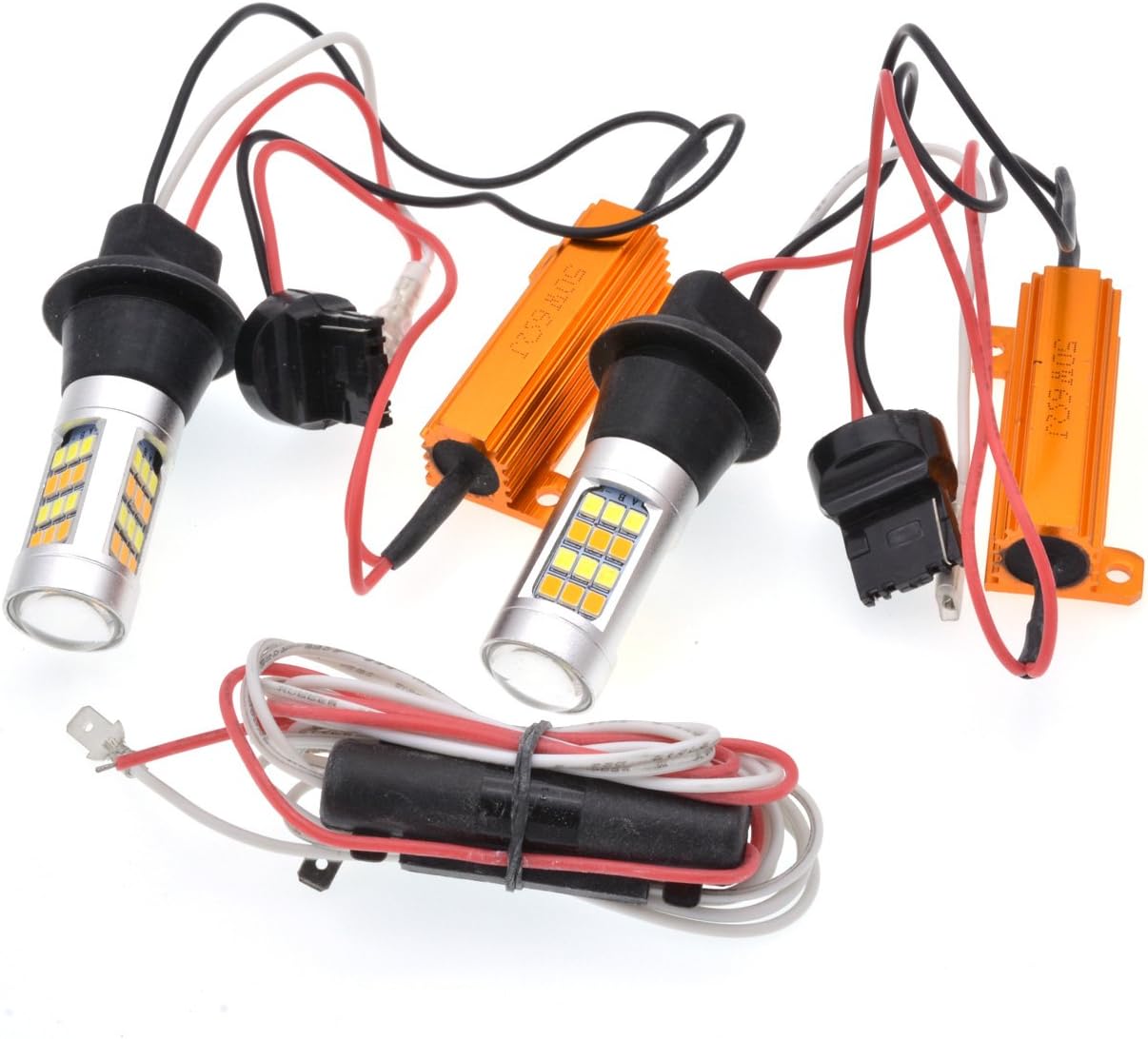 Комплект от 2броя LED диодни DRL дневни светлин с вграден мигач 12V T20 8W S25/1156/BA15S/P21W Can Bus без Грешки
