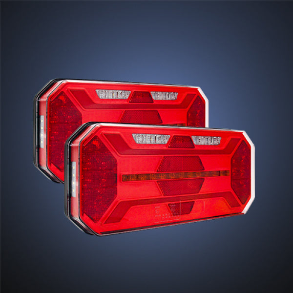 Комплект Ляв + Десен Мултифункционални Диодни LED Лед Стопове с Бягащ Мигач Неон Neon Ефект 12V 24V 305mm X 131mm X 60mm E9 За Бус Камион Тир Ремарке Караванa