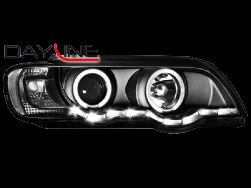 Кристални фарове с дневни светлини и ангелски очи за BMW X5 (99-03) - черни