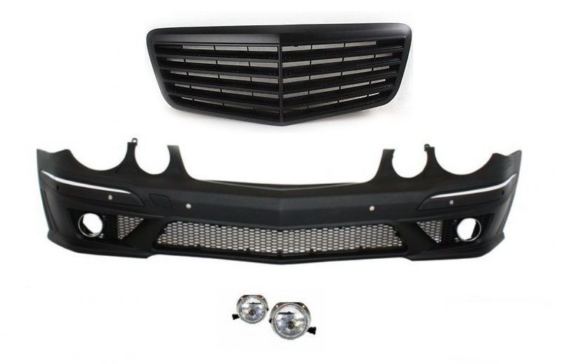 Предна тунинг броня за Mercedes W211 E-Class (2002-2009) - AMG с черна решетка и халогени