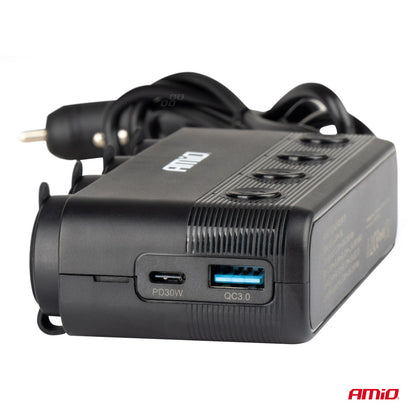 Универсален разклонител за запалка с 4 гнезда + вход за USB и смартфон 12V - 24V