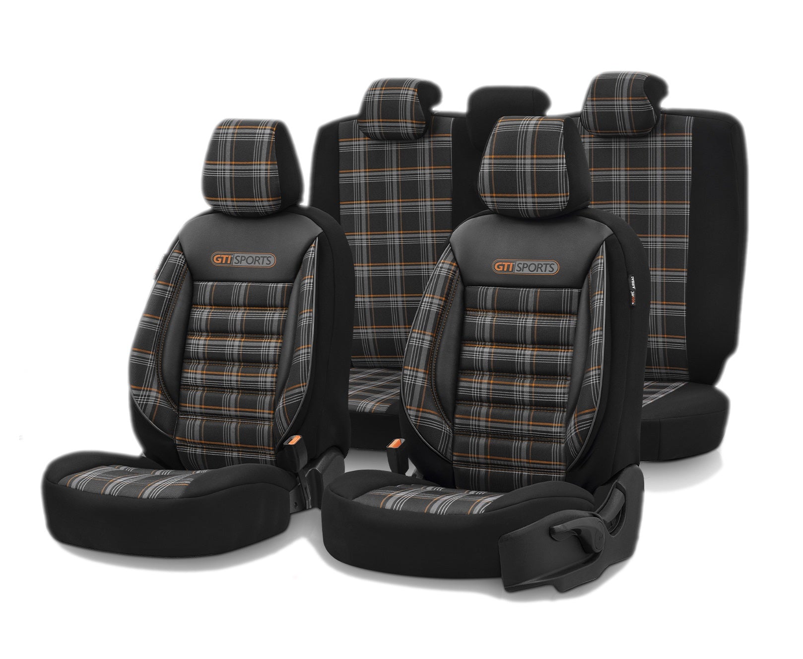 Комплект Луксозна Тапицерия OTOM текстил с еко кожа GTI SPORTS Design – Черна с оранжев шев, за Предни и Задни Седалки